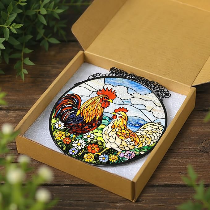 Stained Glass Window Hanging, Stained Glass Suncatcher, 8" Chickens in Flowers Garden Suncatchers for Windows Hanging, Sun Catchers Indoor Window | Gifts for Farm Lovers, Gifts for Chicken Lovers