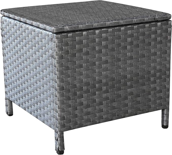 Lviden Outdoor Wicker Storage Side Table, Patio Grey PE Rattan End Table with Storage, Square Container for Furniture Covers, Toys, and Gardening Tools