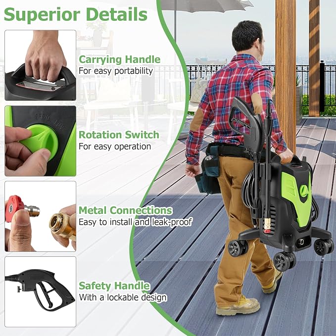 COSTWAY Electric Pressure Washer with 4 Universal Wheels, 2400 PSI High Pressure Cleaner Machine with 4 Nozzles and Soap Bottle, 1.7 GPM Portable Washer for Car, 3 Self-Priming Ways (Green+Black)