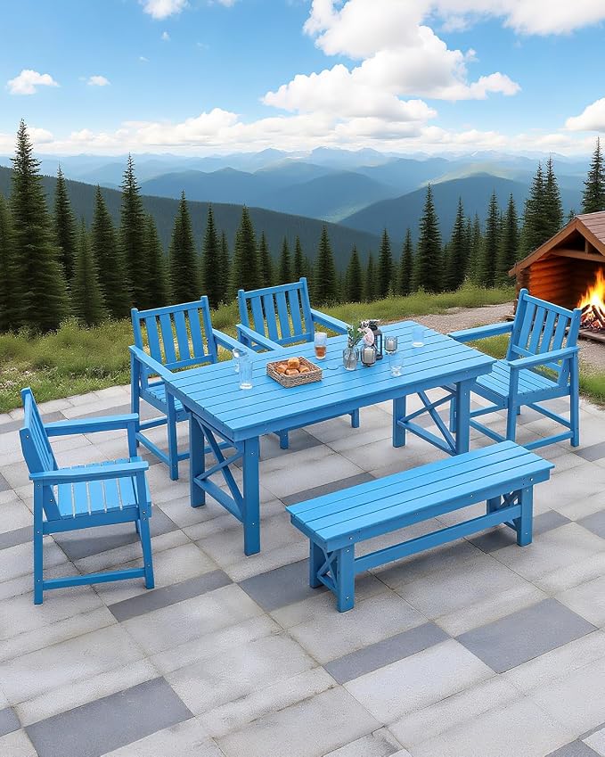 Outdoor HDPE Dining Table Set, 6-Piece Outdoor Patio Dining Sets with Umbrella Hole Table and 1 Bench and 4 Chairs for Backyard, Deck, Garden and Poolside, Blue