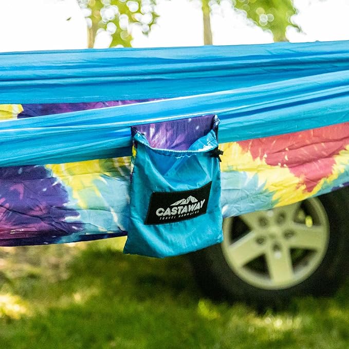 Hammock in a Bottle by Castaway Living, Tiedye Double Camping Hammock with 2 Tree Straps, 32 oz. Bottle, Triple Stitched Durable Nylon Material, Compact Design for Travel, Beach, Backyard, 400 Lbs.