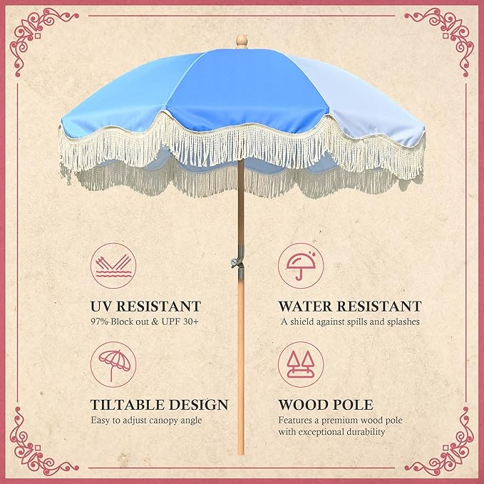 LAGarden Fringe Patio Umbrella with Carry Bag & Cover Vintage Wood for Event Outdoor Garden Yard Wedding Bistro Table