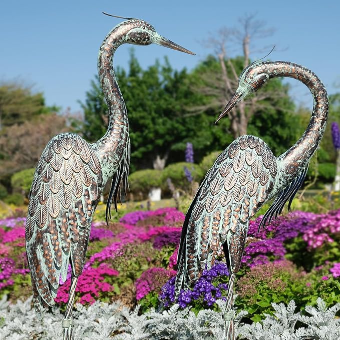 Kircust Garden Crane Statues Metal Heron Outdoor Statue, 46 Inch | Standing Patina Decoy, Weather-Resistant and Rustless, Bird Yard Art for Patio Lawn Pond