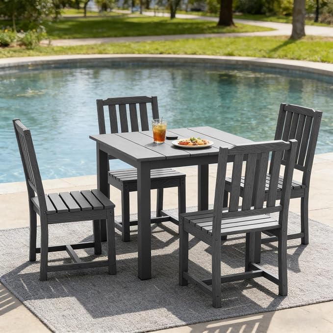 LOUNZY 5 Piece Patio Table and Chairs Set, Weather Resistant HDPE, Gray | 4 seat HDPE patio dining set,fade resistant and waterproof, easy clean, ideal for small outdoor spaces