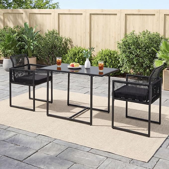 Tangkula 3 Pieces Outdoor Dining Set, PE Rattan Patio Furniture Set with Folding Backrest, Cozy Seat Cushions, Tempered Glass Tabletop, Space-Saving Bistro Table and Chairs Set of 2 for Backyard Pool