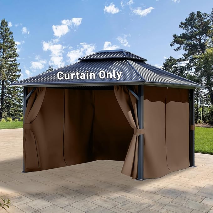 Aoodor 12x14 ft Outdoor Gazebo Curtains, 4 Panels Waterproof Privacy Sidewall Replacement with Zipper for Patio Pergola and Canopy, Brown