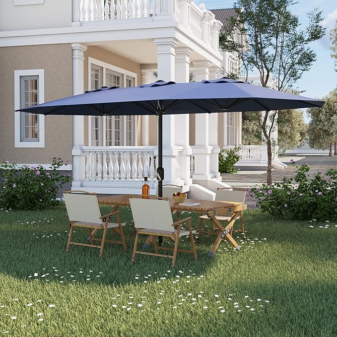 13FT Patio Umbrella, Outdoor Double-Sided Rectangle Market Umbrella with Crank Handle for Pool, Lawn, Garden, Backyard, Navy Blue