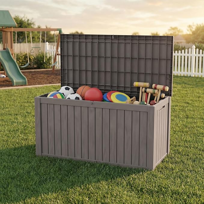 FEFLO 150 Gallon Outdoor Storage Box, Waterproof & Dustproof Resin Deck Box | UV-Resistant & Lockable Lid, Heavy-Duty Weatherproof Outside Storage Box for Patio Cushions, Garden Tools, Pool Accessories