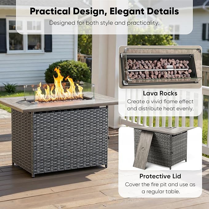 Luxury High Back Patio Furniture Set with 6-Inch Thick Cushions, 5-Pieces Outdoor Furniture with Swivel Chairs Fire Pit, Wicker Conversation Set for Porch, Balcony, Deck and Yard, Brown/Grey
