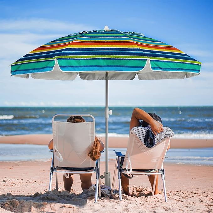 AMMSUN Beach Umbrellas for Sand Heavy Duty Wind Portable, 6.5ft Outdoor Umbrella with Sand Anchor and UV Protection, Parasols Includes Carry Bag for Beach, Patio, and Garden, Yellow Stripes