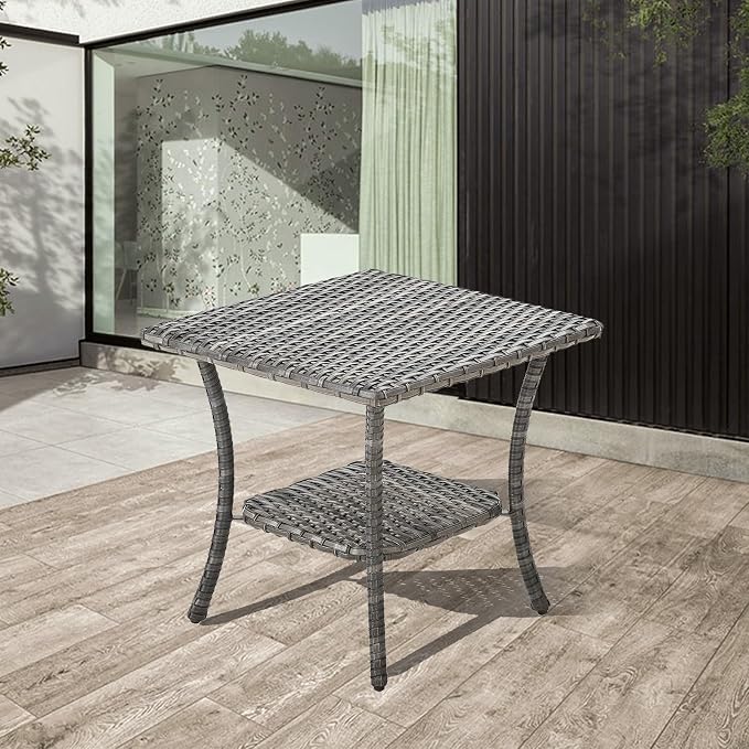 Patio Table Outdoor Side Tables - Wicker Coffee Table with 2-Shelf Storage Rattan End Table Square for Outdoor Patio Porch Deck Balcony Garden(Mixed Grey/Wicker Top)