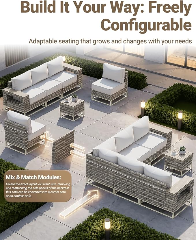 Outdoor Patio Furniture Set 12-Piece PE Rattan Wicker Outdoor Sectional Sofa with Thickened Cushions and Chunky Arms, Modern Modular L-Shaped Conversation Set for Garden, Backyard, White