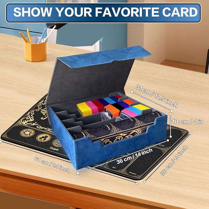 PROMAXIBINDER Trading Card Storage Box Fits 4000+ Cards, 4-Row MTG Commander Deck Case with Playmat, 6 Movable Partitions 24 Dividers PU Leather Magnetic Closure, Magic/TCG/YuGiOh/Sport (Blue&Grey)