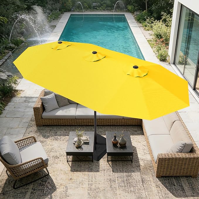 AreShark 15ft Patio Umbrella with Base, Double Sided Outdoor Umbrella with 12 Fiberglass Ribs, Large Outdoor Umbrella for Garden, Pool, Deck, Backyard & Market, Yellow