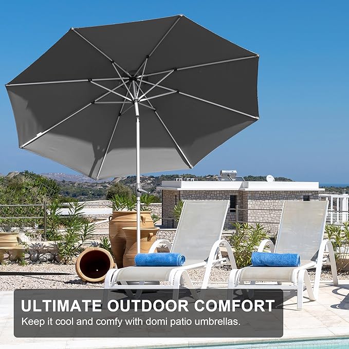 Domi 9FT Patio Umbrella Outdoor Market Umbrella with Silver Aluminum Pole, UV Resistant Canopy, Wind Vent, Tilt & Crank System, Perfect for Patio, Garden, Deck, Pool, Outdoor Dining, Gray