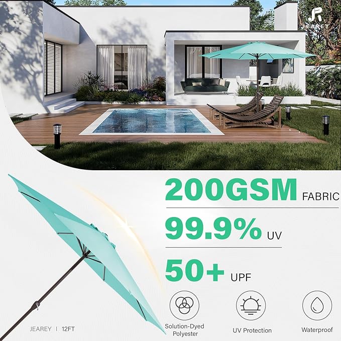 JEAREY 12' Patio Umbrellas Outdoor Table Market Umbrella w/Crank, 8 Sturdy Ribs, UV Protection Windproof for Garden, Deck, Backyard, Pool(Teal Blue)