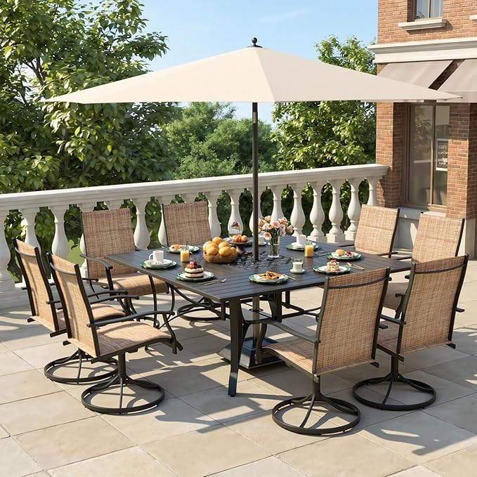 9 Pieces Patio Table and Chairs Set, 59.6" Square Dining Table with Umbrella Hole,8 High Back Textilene Swivel Chairs,Dining Table Set for 8,Outdoor Furniture for Porch Deck Yard Balcony, Brown