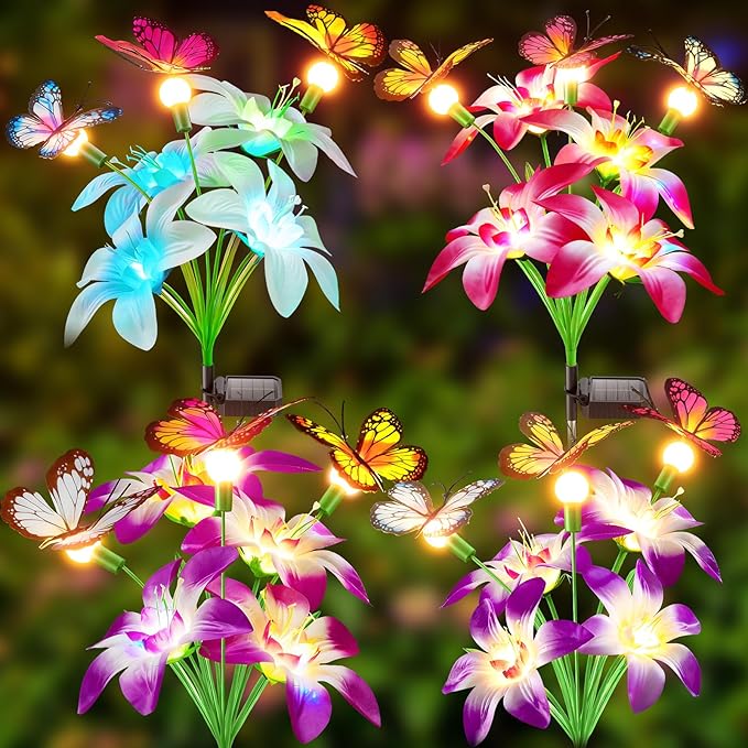 Garpar Solar Garden Lights, 4 Pack 800mAh Solar Flower Lights with16 Color Changing Lilies and 12 Butterflies, Brighter Waterproof Garden Decor for Yard Lawn Pathway, Mom Women Grandma Gift