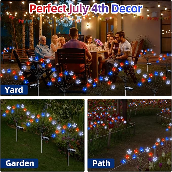 Lewondr 4th of July Decorations Solar Garden Lights, Fourth of July Red White and Blue Star Solar Lights Outdoor, Waterproof Patriotic Decor with 9 LED 2 Lighting Modes for Independence Day, 4 Pack