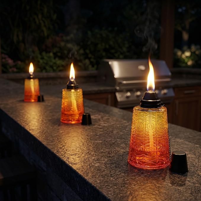 Seraphic Citronella Table Top Torches for Outdoor Patio, 16oz Decorative Glass Torch Citronella Candles for Outside Deck, Garden, Parties, Set of 3, Sunset Orange