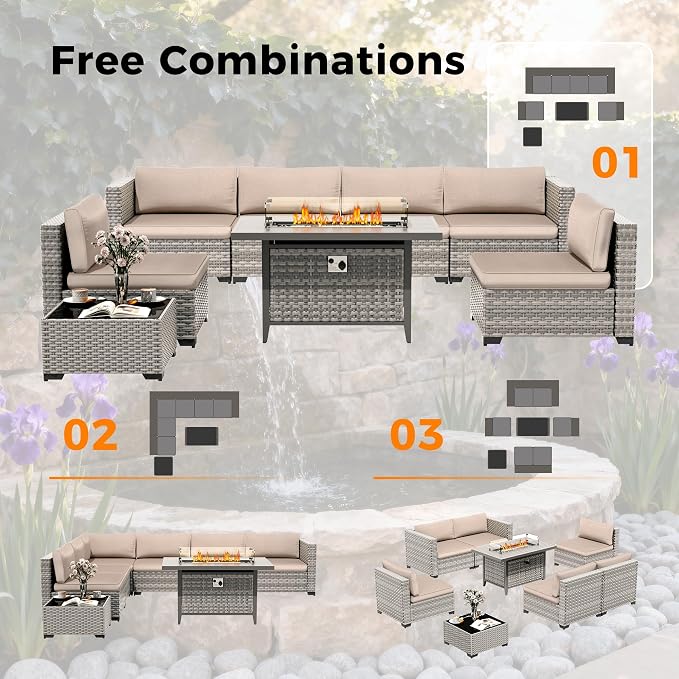 12-Seat Modern Outdoor Wicker Rattan Patio Furniture Set with 55,000 BTU Fire Pit Table, Thick 4″ Cushions, All-Weather Dual-Strand Rattan, Rust-Resistant Steel Frame,Beige
