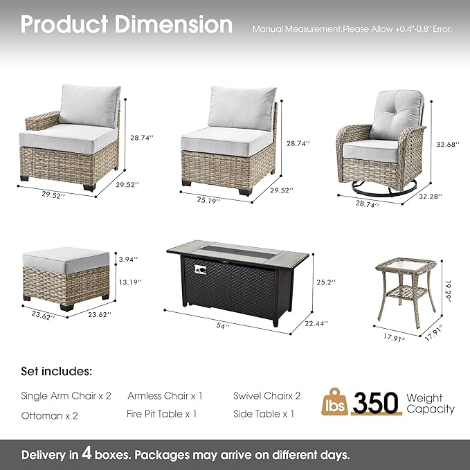 Rattan Patio Furniture Set with Fire Pit Table,9 Pieces Outdoor Sectional with Swivel Chairs Ottoman,Out Door Furniture Conversation Set,Light Grey