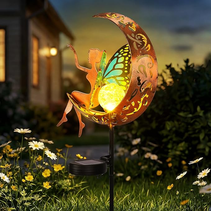 ZKLiLi Garden Outdoor Decor, Fairy Moon Figurine Light Stake, Housewarming Ornament for Patio, Lawn, Yard, Pathway - Unique Gift Ideas for Gardening Mom Grandma