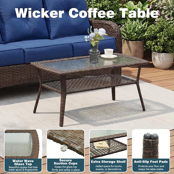 Luxury Patio Conversation Set, 5-Piece Ergonomic High Back Wicker Sofa&Swivel Chair Set with 6-Inch Deep Seating Cushions, Large Patio Furniture Set for Garden, Deck & Balcony, Navy Blue