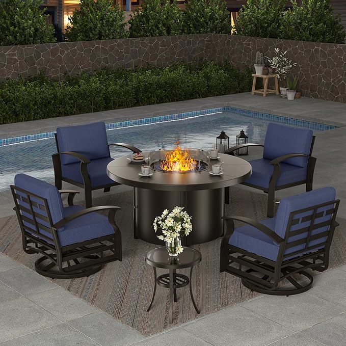ALAULM Aluminum Patio Furniture Set with 40,000 BTU Round Propane Fire Pit Table 4-seat Metal Outdoor Furniture w/Swivel & Rocking Conversation Set for Patio, Lawn, Poolside(DarkBlue