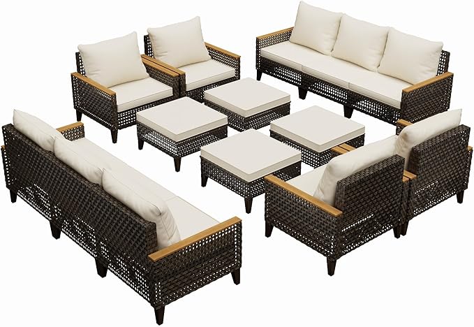 14 Piece Patio Sectional Sofa Furniture Set, All-Weather Wicker Rattan Outdoor Conversation Set with High Back and Thick Cushions, for Garden, Porch, Poolside, Beige