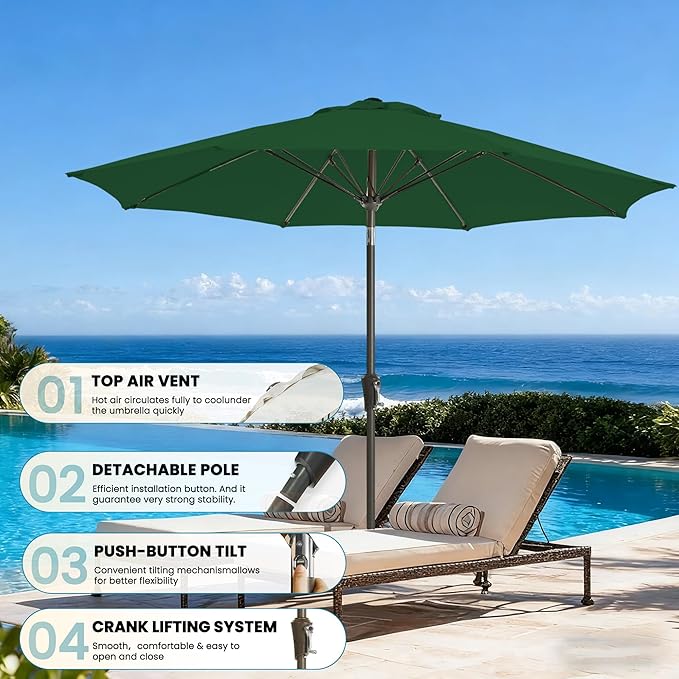 9FT Outdoor Patio Umbrella Outdoor pool Umbrella with Push Button Tilt and Crank, Market Umbrella 8 Sturdy Ribs UV Protection for Garden, Deck, Backyard (Green)