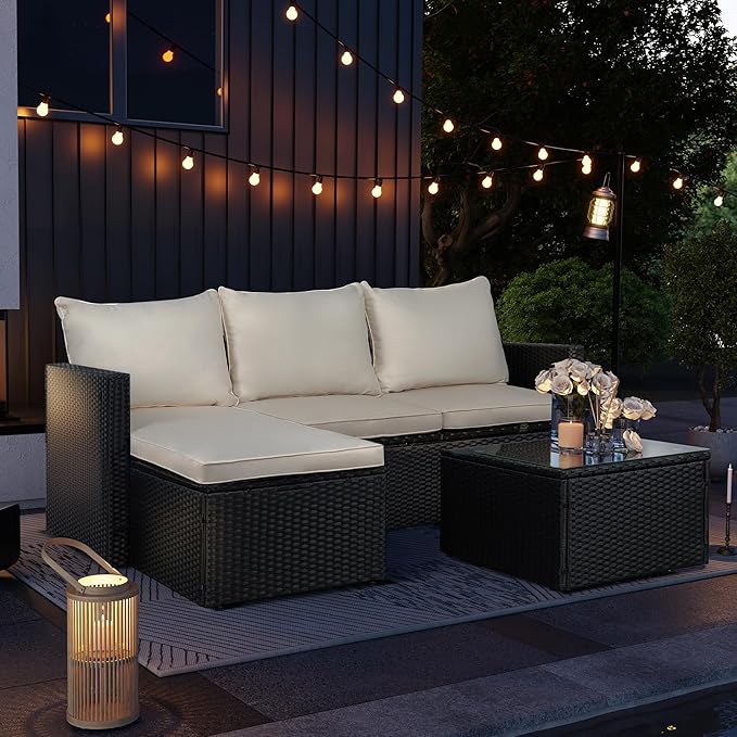 SUNLEI Patio Furniture Set with Detachable Soft Cushions, Outdoor PE Rattan Patio Conversation Sofa Set, 3-Piece Patio Sectional Sofa with Glass Coffee Table, Black Rattan/White