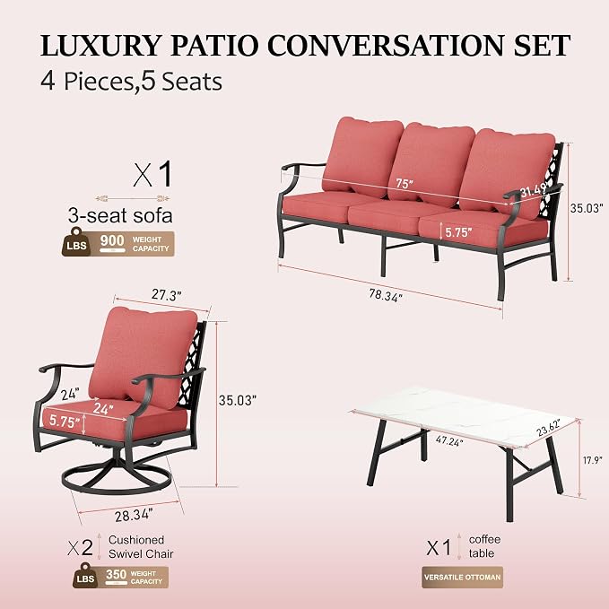 HERA'S HOUSE 4 Piece Patio Furniture Set, 2 x Swivel Cushioned Chair, 3-Seat Sofa with Marbling Coffee Table, All Weather Outdoor Conversation Set for Lawn Garden Backyard, Red