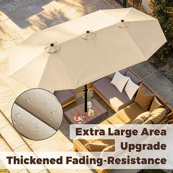 GDPFN 15FT Large Patio Umbrella, Outdoor Deck Standing Umbrella with Crank Handle, Double-Side Rectangular Pool Umbrella for Outside, Market, Patio, Beige (Base Not Include)