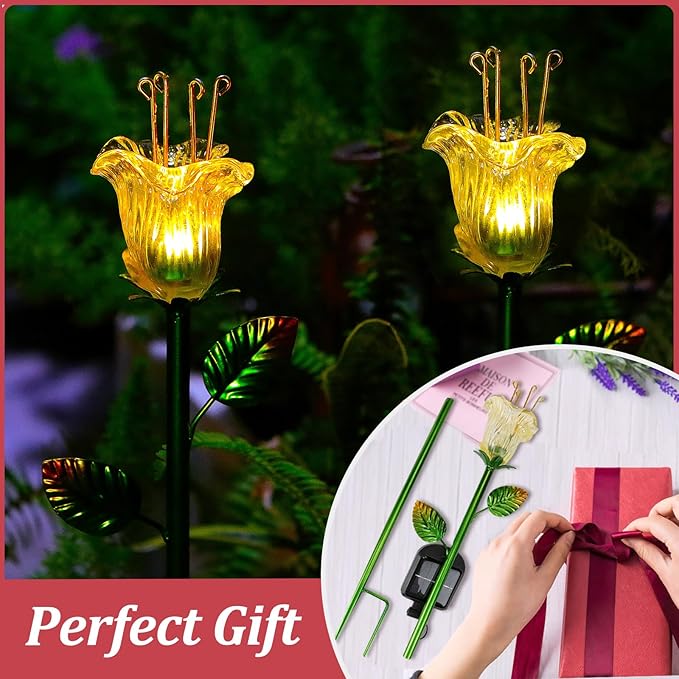 VChymm Solar Decorative Flowers 2 Pack - Waterproof Yellow Glass Lily Flower Lights, Auto ON/OFF for Garden, Patio, Backyard
