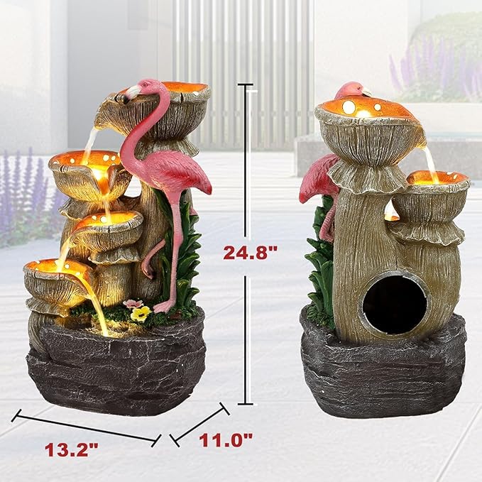 Outdoor Water Fountain - 5 Tier Floor-Standing Cascading Garden Fountain, 25" H Indoor/Outdoor Flamingos Water Fountains with 5 LED Lights for Garden, Patio, Backyard and Home