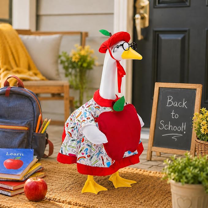 Watayo 3 Pcs Back to School Porch Goose Outfits, Classroom Apple Goose Clothes Set Includes Hat Clothes and Glasses, Funny School Goose Costume for 23" H Statue Outdoor Garden Yard Patio Lawn Decor