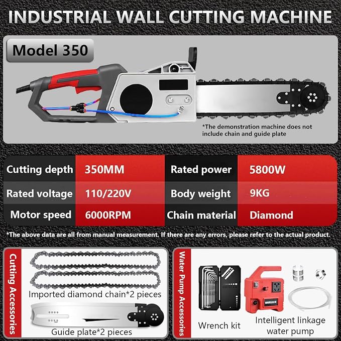 Electric Concrete Chainsaw Wall Cutter Machine 5800W 6500W Handheld Concrete Chain Saw with 2 Diamond Concrete Saw Chain and Water Supply and Dust Suppression (14" Cutting Depth)