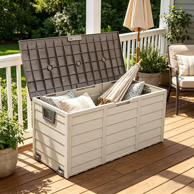 75 Gallon Large Outdoor Storage Box, Indoor and Outside Deck Box with Lockable Design Lids, Waterproof Resin Storage Containers Bin for Garden, Garage, Patio, Poolside, Toy Storage Brown