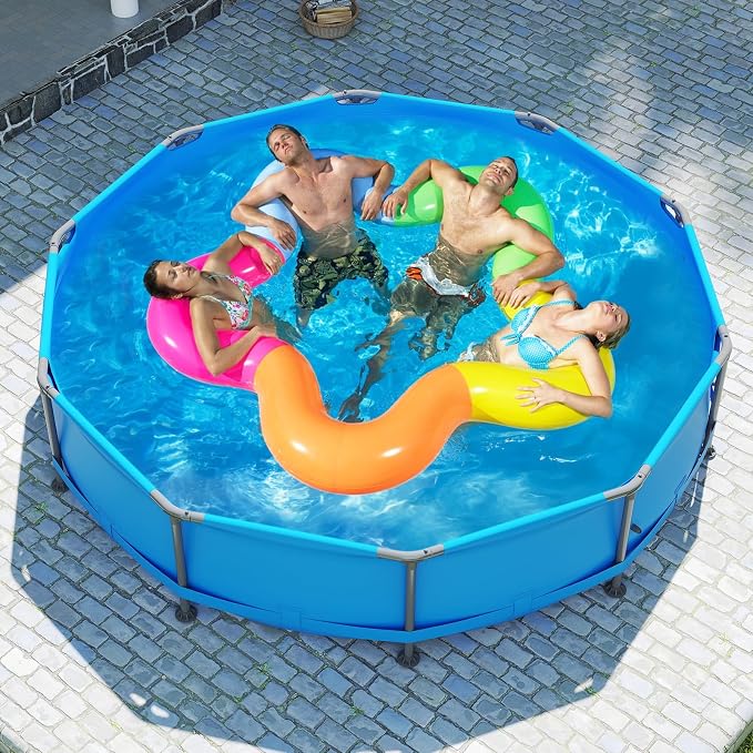 Goplus Above Ground Swimming Pool, Frame Family Pool Set w/Metal Frame, PVC Fabric, 3 Stoppers, Drainage Valve Connector, for Outdoor, Backyard, Garden, Patio (12' Round w/Solar Cover, 1617 Gal, Blue)