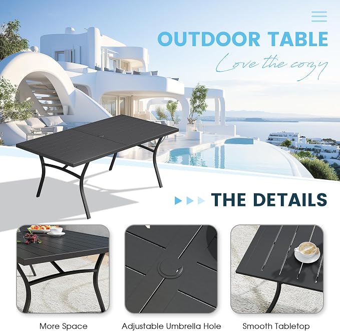9 Pieces Outdoor Patio Dining Set, 70.9" All Weather Rectangle Metal Table with Umbrella Hole and 8 High Back Textilene Swivel Chairs for Garden, Lawn, Poolside, Black Table&Blue Chairs