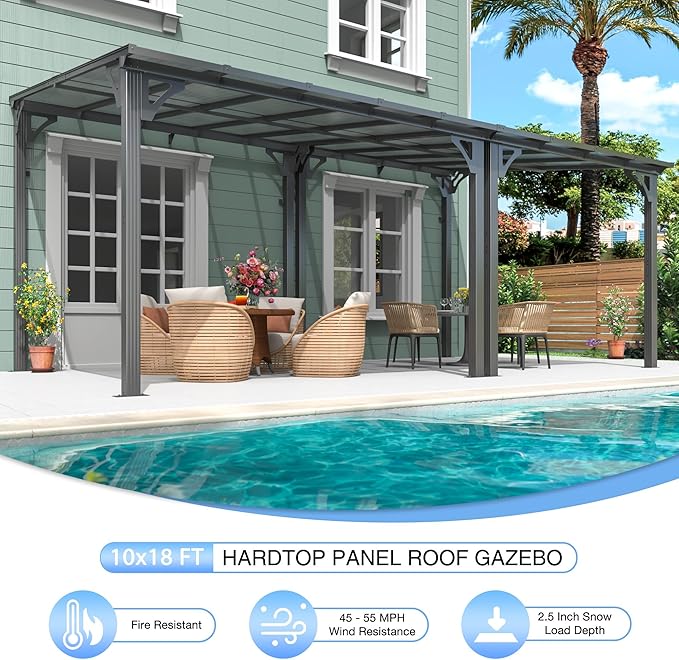 AirWire 10x18 FT Gazebo, Pergola Awnings for Patio with Hardtop Gazebos on Clearance, Patio Covers for Shade and Rain, Lean to Gazebo Sunroom Patio Canopy Outdoor Pergolas for Patios, Decks, Backyard