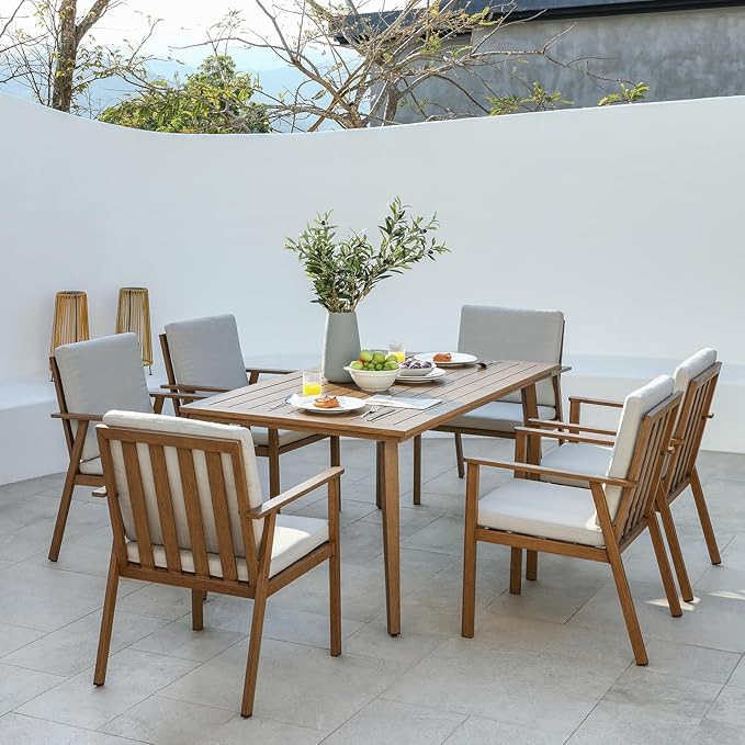 7 Pieces Patio Dining Set for 6, Never-Rust Aluminum Outdoor Table and Chair Set, Outdoor Dining Set with Cushions, Outdoor Patio Table Sets with Umbrella Hole for Deck Garden Pool, Teak