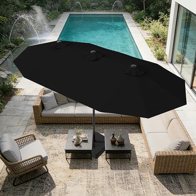 AreShark 15ft Patio Umbrella with Base, Double Sided Outdoor Umbrella with 12 Fiberglass Ribs, Large Outdoor Umbrella for Garden, Pool, Deck, Backyard & Market, Black