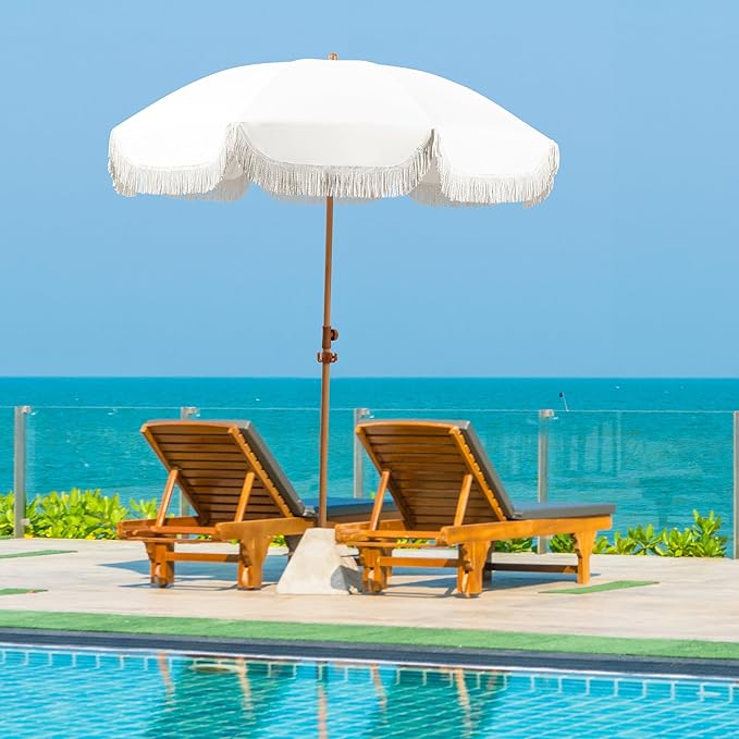 Seazul 6.5ft Patio Umbrella with Fringe, Beach Umbrella, Fringe Umbrella Outdoor Patio with Hanging Hook, Tilting Aluminum Pole, UV 50+, Fiberglass Ribs, Elegant Cream
