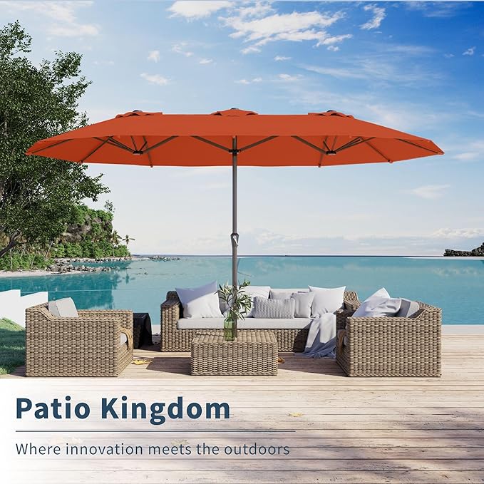 PatioKingdom 15FT Large Patio Umbrella with Base, Double Sided Rectangular Outdoor Umbrella with Sturdy Fiberglass Ribs, Market Umbrella for Pool,Garden,Backyard,Deck (Orange, 15FT)