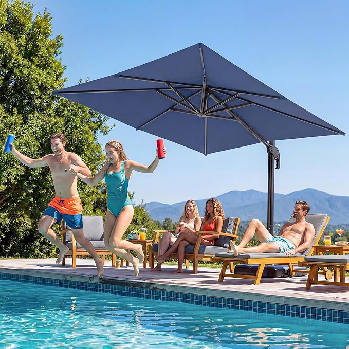 LAUSAINT HOME 10FT Square Cantilever Patio Umbrella, 360° Rotation Offset Umbrella with Aluminum Frame, Large Outdoor Sun Shade for Backyard, Pool, Deck, Lawn(Square, Navy Blue)