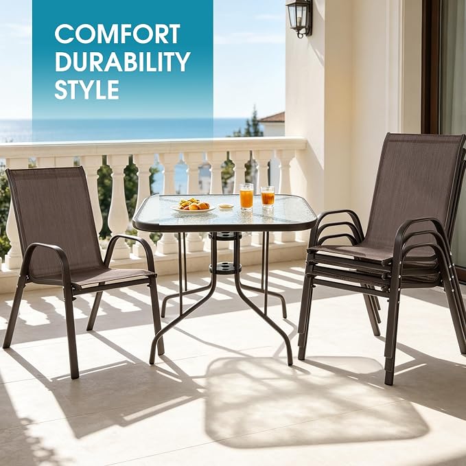 5 Piece Patio Dining Set with Wider 24.4" Stackable Chairs, Outdoor Dining Set for 4 with 36"*36" Table, Brown Metal Frame and Brown Textilene