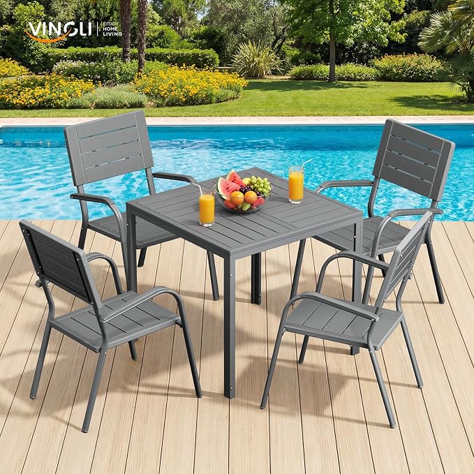VINGLI Outdoor Patio Dining Chairs, Stackable HDPE All-Weather Arm Chairs, Weatherproof Outdoor Seating for Garden, Backyard, Poolside, Balcony,Grey (2 Pack)