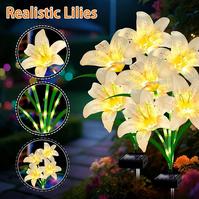 Solar Lights Outdoor, Gift for Women Mom Grandma Wife Daughter, 4 Pack 16 Solar White Lily Flower Lights, Solar Flower Lights Waterproof, Outside Decor Stake Light for Landscape Yard Patio Lawn Garden